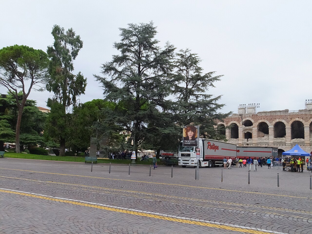 Trucks and scenery beside the Arena on Piazza Bra