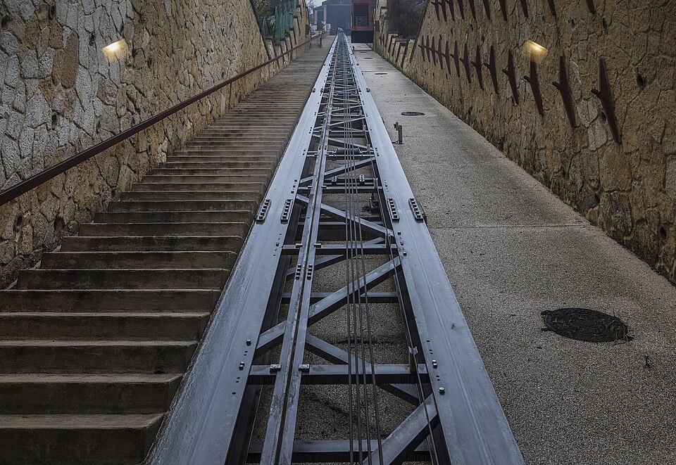 The funicular track and steps climbing the hill