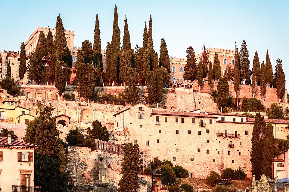 The castle and its cypresses in warm late light