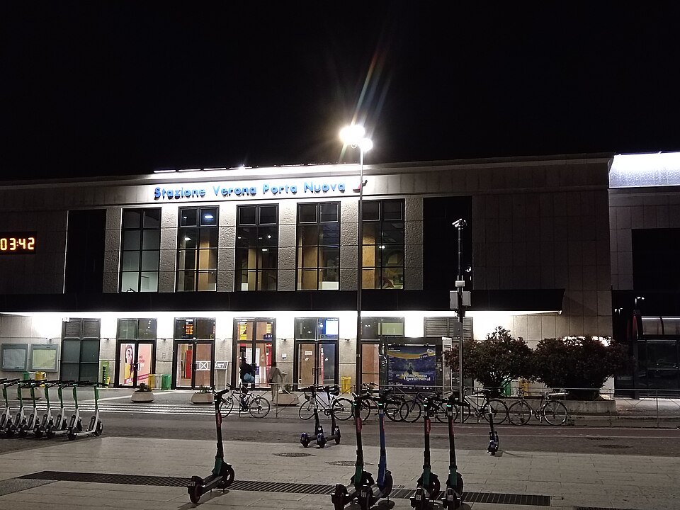 The Porta Nuova station building lit at night