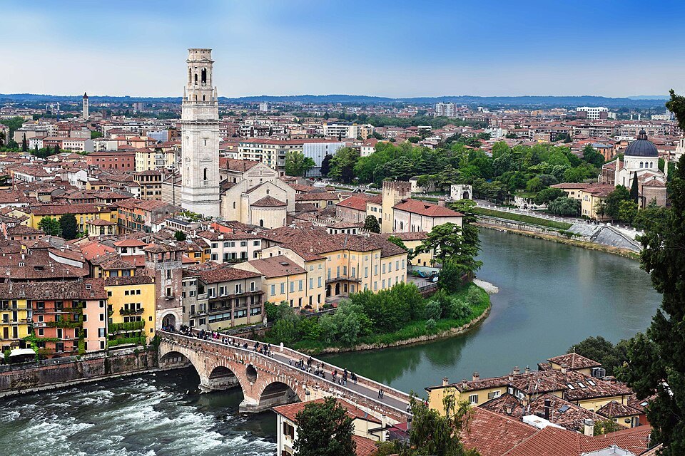 The Adige bending round Verona's old center, the Ponte Pietra and the Duomo's bell tower, seen from Castel San Pietro