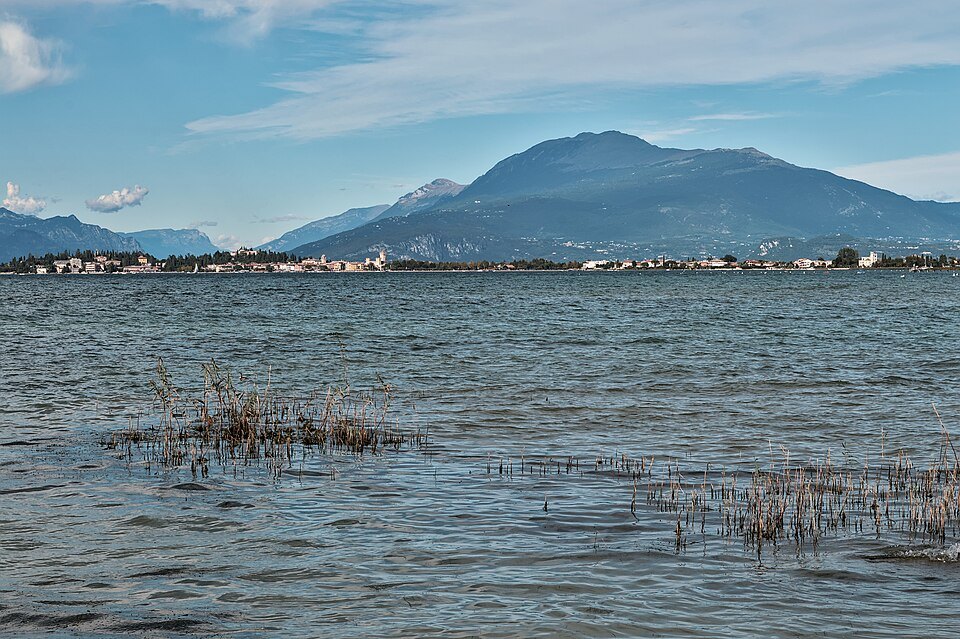 Sirmione's peninsula and Monte Baldo across the lake