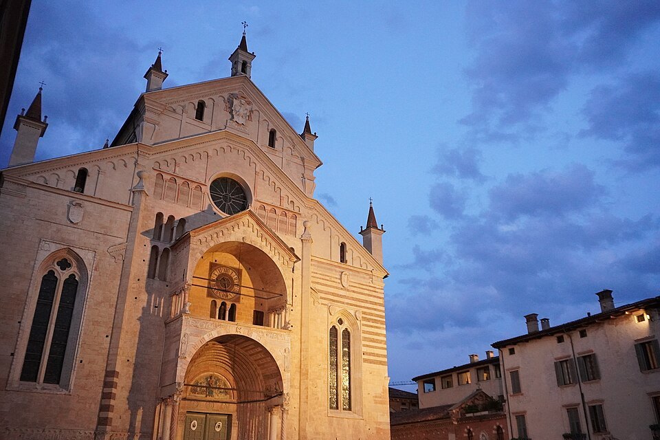 The Duomo's Romanesque front at dusk