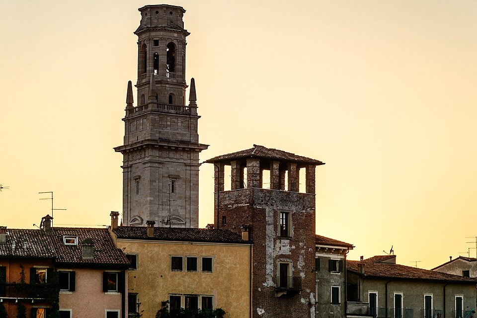 The bell tower against a golden evening sky