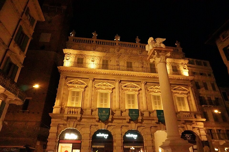 Palazzo Maffei lit at night