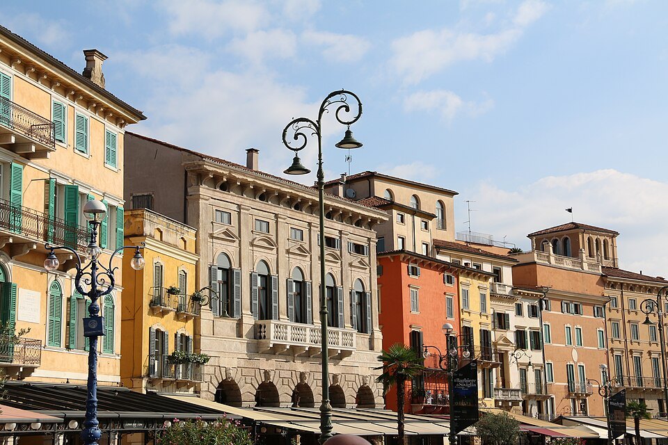 Painted palazzi and café awnings along the Liston on Piazza Bra