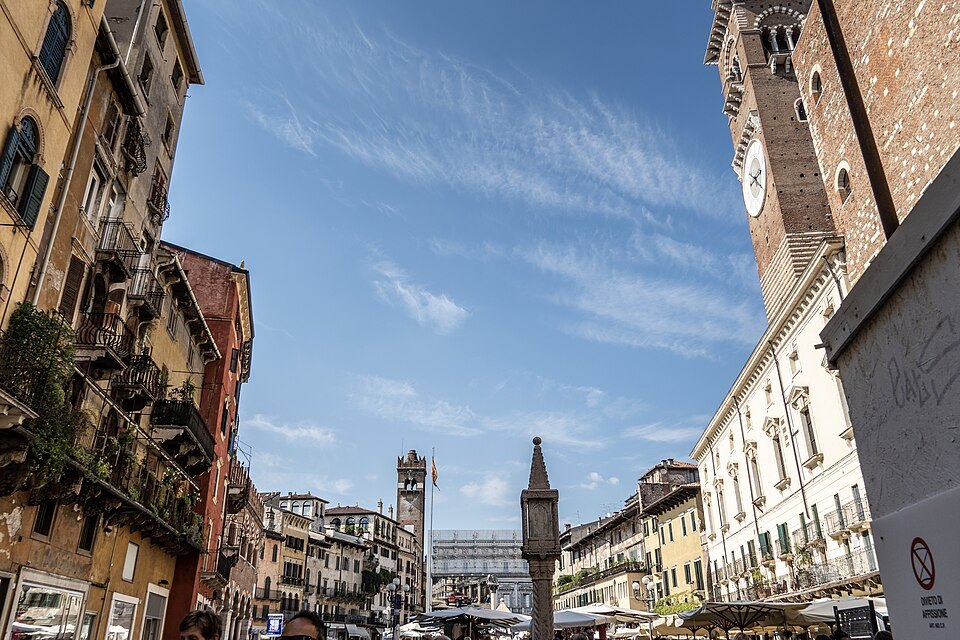 The market square from its south end, the tower rising on the right