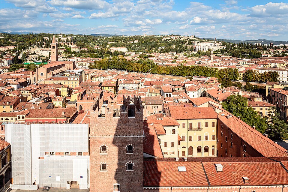 Roofs and bell towers of the old city from high on the Torre dei Lamberti